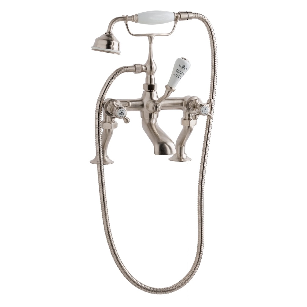 BC Designs Victrion Crosshead Brushed Nickel Bath Shower Mixer & Handset Cut Out